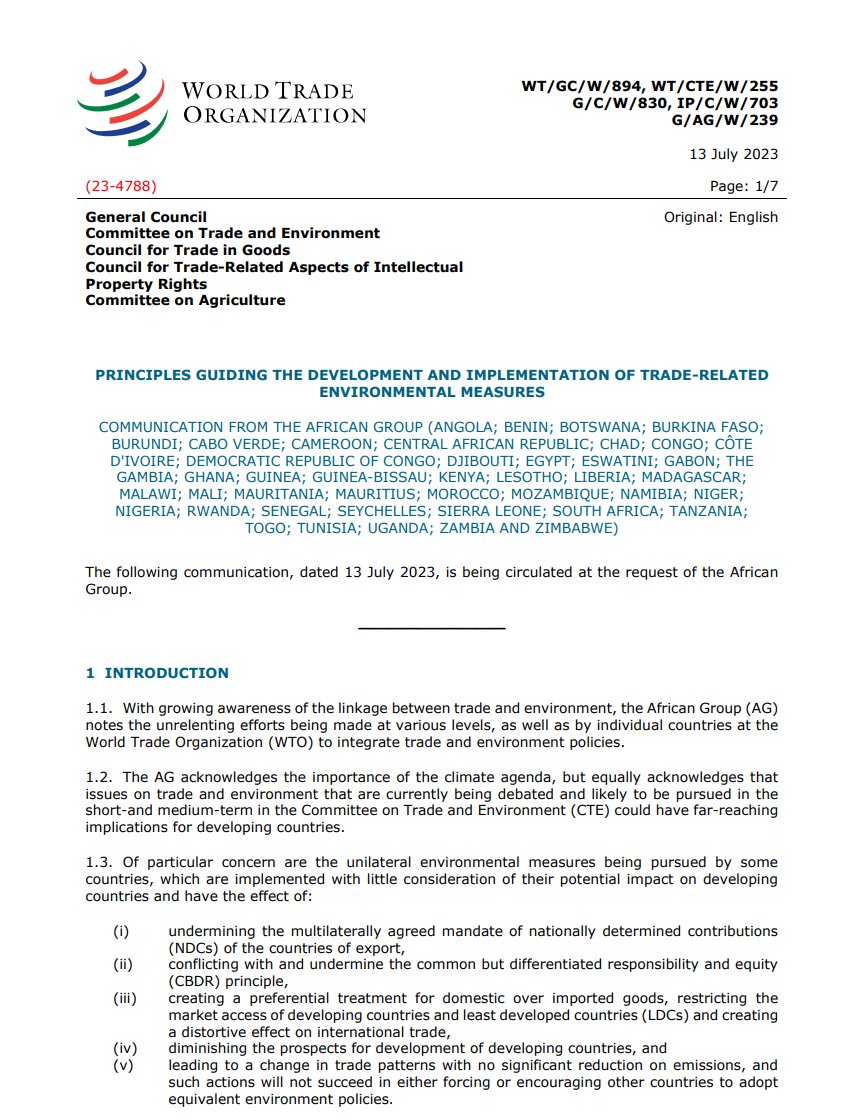 shansebolo's tweet photo. New African Group WTO paper proposes 12 principles on Trade-related Environmental Measures. Says: "If WTO is to play a supportive role in addressing the climate change challenge, it can only do so if trade responses are multilaterally agreed + underpinned by principle of CBDR." https://t.co/hTIwmosQ9q