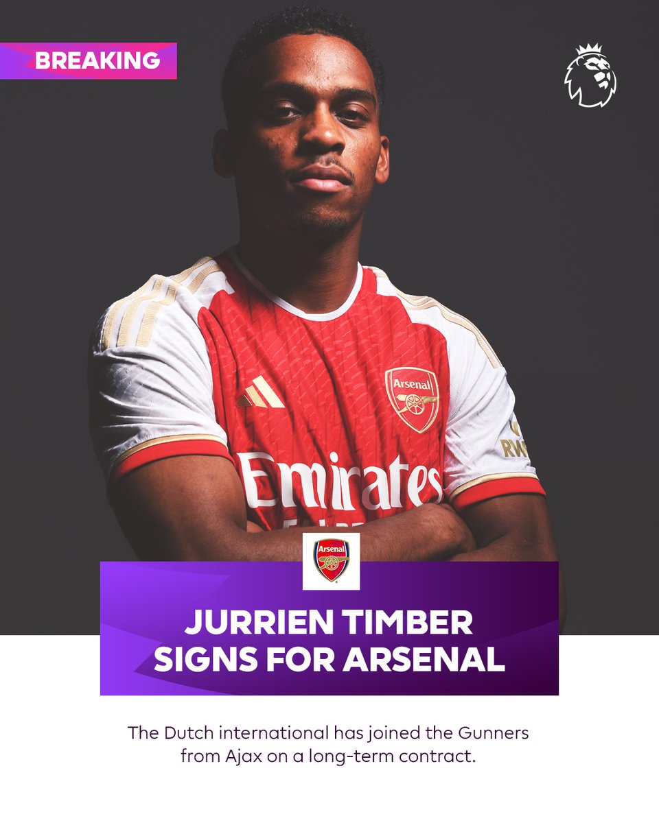 premierleague's tweet photo. Jurrien Timber is a Gunner 🪵 https://t.co/xWAObYFmH5