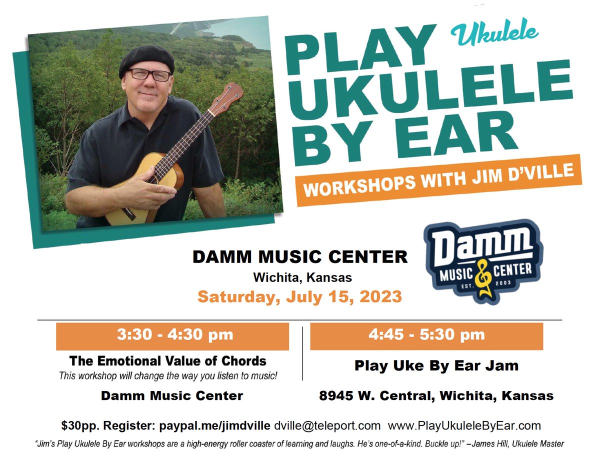 The next stop on the Epic Summer Workshop Tour is tomorrow at the Damm Music Center in Wichita, Kansas. Wildcats and Jayhawks welcome! #jimdville #playukebyear #ukulele