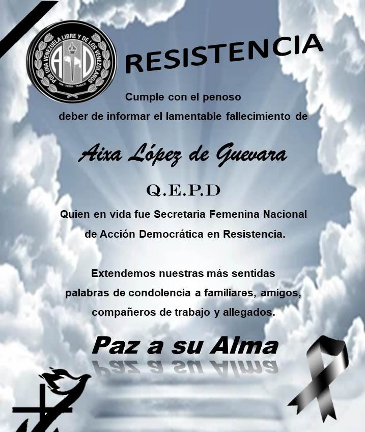 ADorgBaruta's tweet photo. Ha fallecido nuestra Secretaria Nacional Femenina,Aixa López incansable en su labor social y política, gran madre, esposa, compañera y amiga. Destacada siempre en su tremenda labor en ayudas social a los más necesitados. Nuestras condolencias a la familia adeca. @ADMirandaCES . https://t.co/27AMiVBKZt