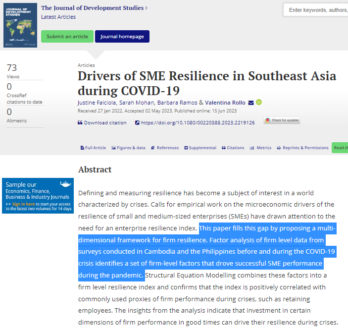 JDevStudies's tweet photo. New in #JDevStudies: A new multi-dimensional framework &amp; resilience index at the firm-level [SMEs] developed using data from 🇰🇭 &amp; 🇵🇭 pre &amp; post-COVID-19

Falciola @SMohanEcon @barbaraoramos &amp; @VRolloEcon [@ITCnews] 

https://t.co/HXQ3LjqEtq https://t.co/yWnr3HCluI
