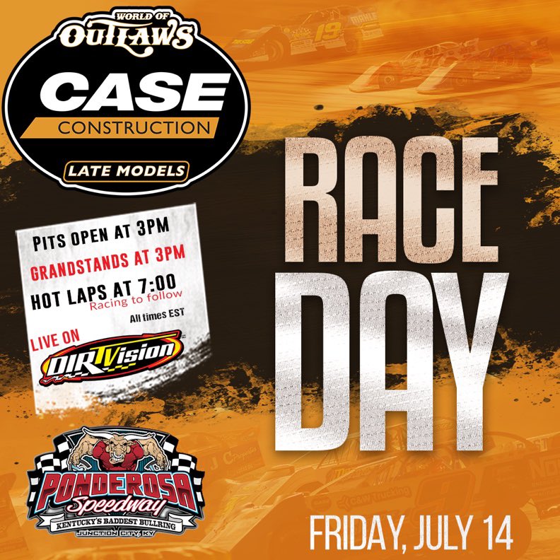 WoOLateModels's tweet image. 𝗥𝗔𝗖𝗘 𝗗𝗔𝗬!

The World of Outlaws @CaseCE Late Models Kick off the ‘Summer of Money’ with the $15K to win Johnny Mulligan Classic at @PonderosaSpdwy! #DirtWork 

📍: Junction City, KY
🎟️: Sold at the Gate 
📺: @dirtvision 
⏰: @MyRacePass
