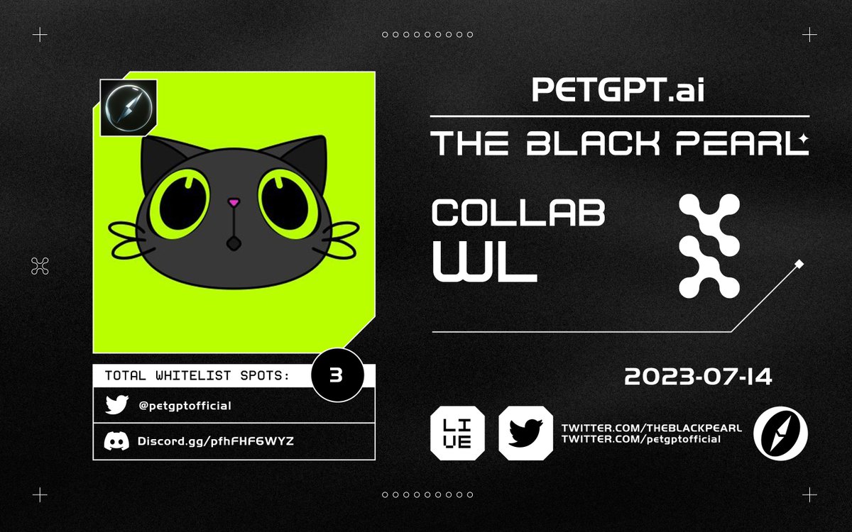 TBPGiveaways's tweet photo. 𝗧𝗕𝗣 𝘅 𝗣𝗘𝗧𝗚𝗣𝗧        

✔️𝗣𝗘𝗧𝗚𝗣𝗧 𝗪𝗟 𝘅 𝟯        

● Follow @petgptofficial + @TheBlackPear1_
● Like + RT + Tag 3 friends        

24H https://t.co/ydXOTvb5qR