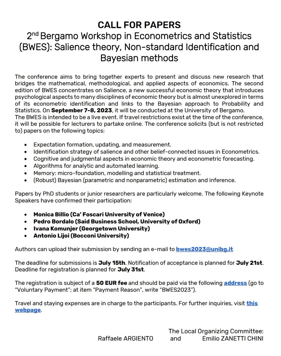 📢CALL FOR PAPERS
2nd Bergamo Workshop in Econometrics and Statistics (BWES)

👏When: Sept 7 - 8
❌Deadline: July 15

Junior and Ph.D. students are welcome!

🔗Info
dropbox.com/s/m966k03py0yd…

#EconTwitter #Econometrics