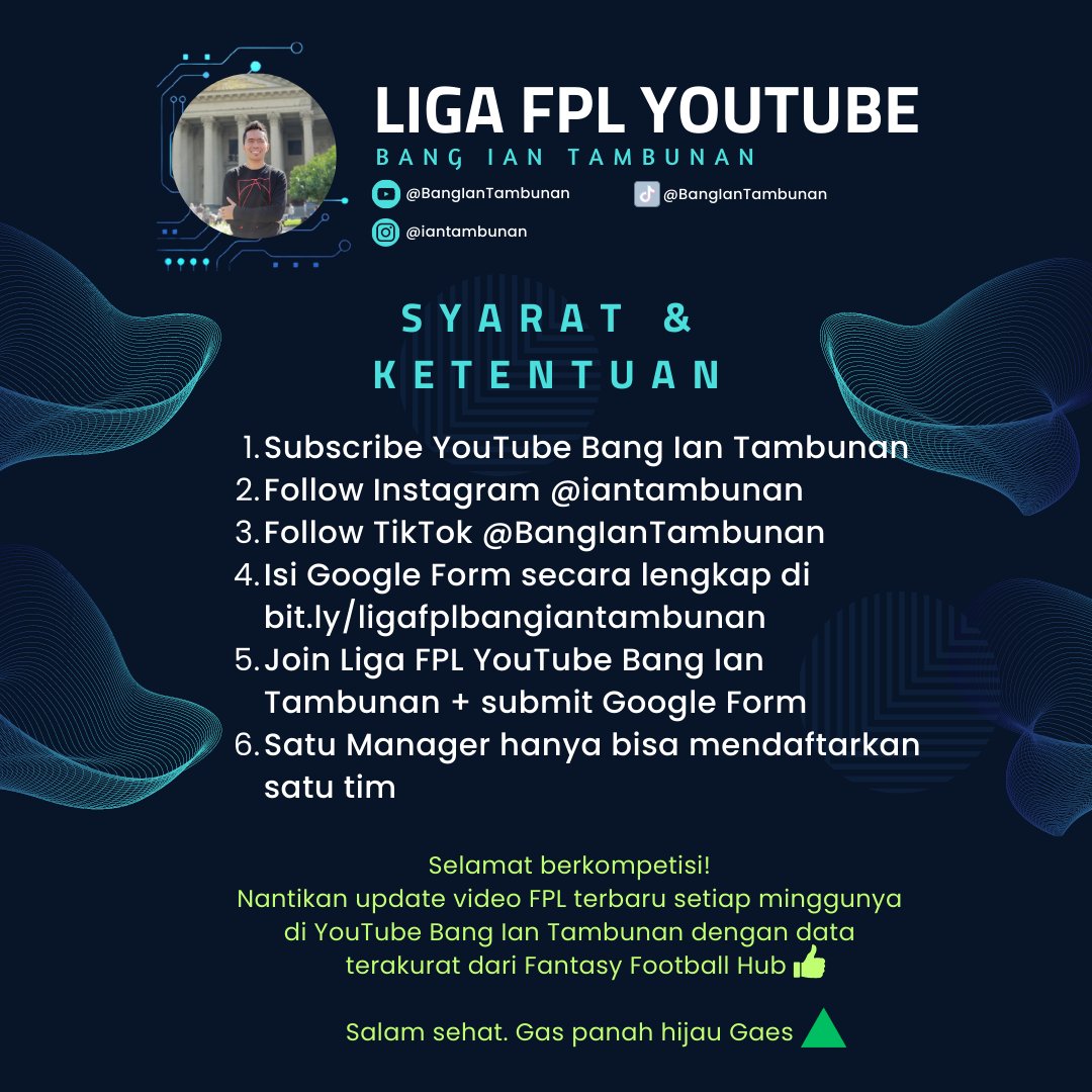 Teman-teman, yuk ikutan Liga FPL YouTube Bang Ian Tambunan musim 2023/24🥳 

Mari isi Google Form nya dgn lengkap ya teman-teman:
bit.ly/ligafplbangian…

Selamat berkompetisi &amp; salam sehat teman-teman😃🙏 

cc <a href="/pisangij01/">FPL Liga Pisangijo</a> 

#FPL #FPLIndonesia #FantasyPremierLeague #FPLCommunity