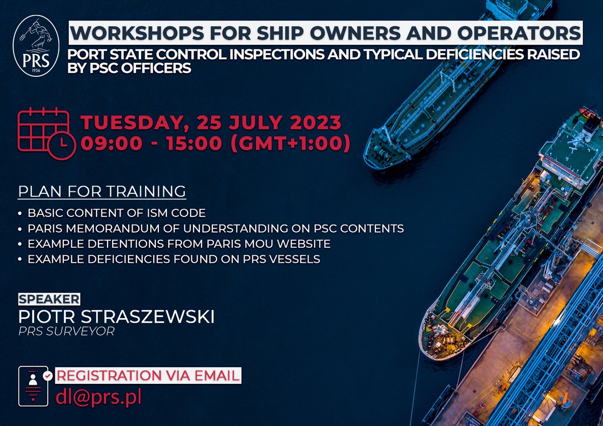 prsclass's tweet photo. 📢 Free PRS webinar on Port State Control 📢
⛴️🛳️🚢⚓️🔍✅
Details at https://t.co/92XQYC9Zjb
#prsclass #psc #inspection #detention #safe #shipping #maritime https://t.co/mwlPIdfX3r