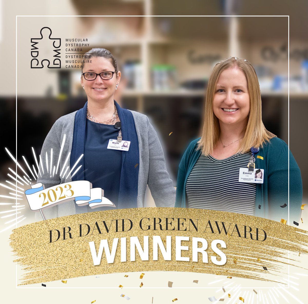 Excellence in Service Delivery Award – Emma Croken &amp; Marla Calder - Stan Cassidy Centre for Rehabilitation Assistive Technology Services.
Learn more about Emma and Marla here - 
facebook.com/MuscularDystro…