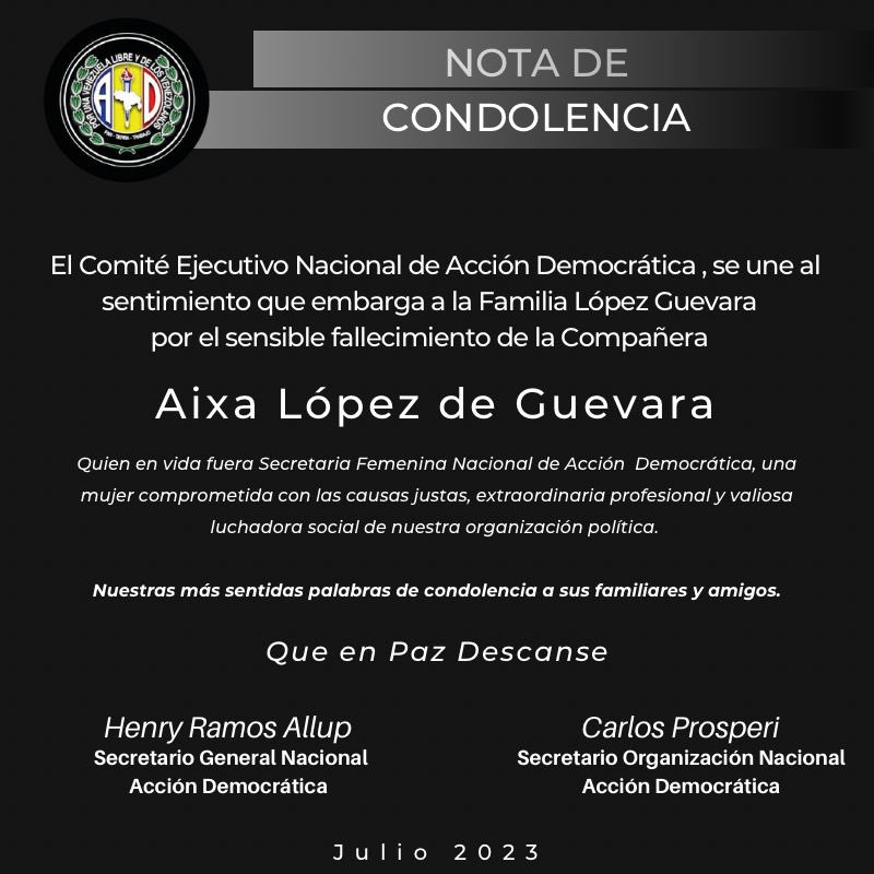 Con profundo dolor informamos el fallecimiento de nuestra compañera Aixa López de Guevara, Secretaria Femenina Nacional de nuestro partido y una mujer intachable e incansable en la lucha por una Venezuela libre y de los venezolanos. Paz a su alma y mucha fortaleza a su familia.
