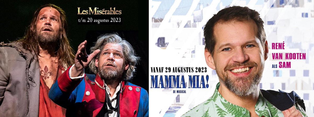 René van Kooten gaat binnenkort van de ene productie van <a href="/DGCtheater/">DG&C Entertainment</a> over naar de andere. Qua rollen is er bijna geen groter contrast: op 20 aug. speelt hij voor het laatst Jean Valjean in Les Misérables en vanaf 29 aug. is hij te zien als Sam in de nieuwe versie van Mamma Mia!