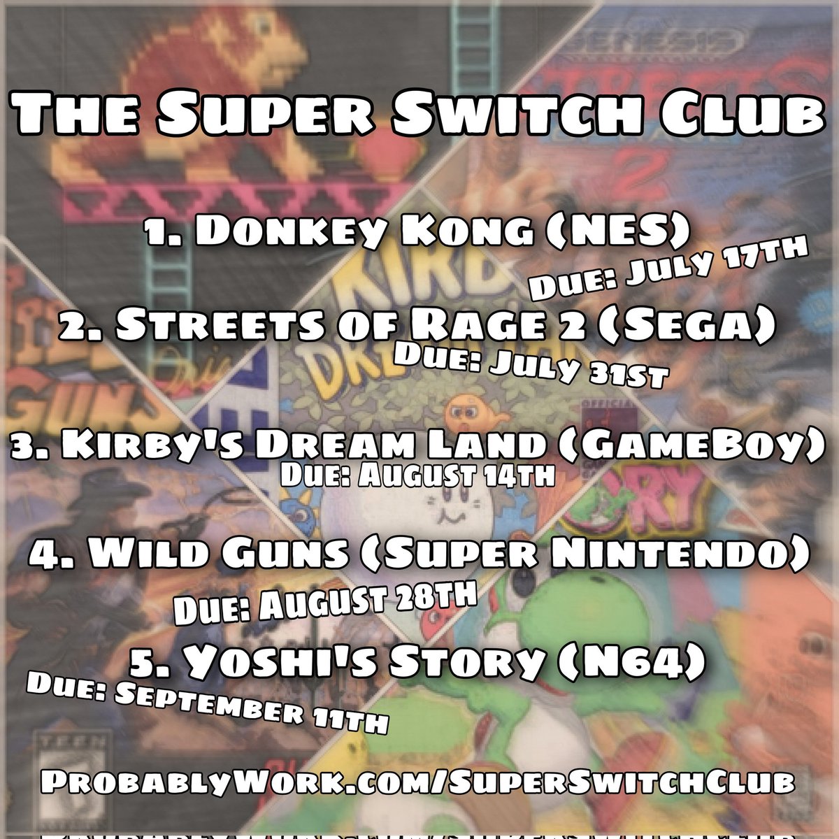 SuperSwitchClub's tweet photo. Our full schedule for Season 6 is now finalized! π₯³
https://t.co/OSPlvYsrIs
#SSCSpeedRun #DonkeyKong #NES #StreetsOfRage2 #SegaGenesis #KirbysDreamLand #GameBoy #WildGuns #SNES #yoshisstory #N64 #nintendoswitchonline https://t.co/62wKKhCg0k