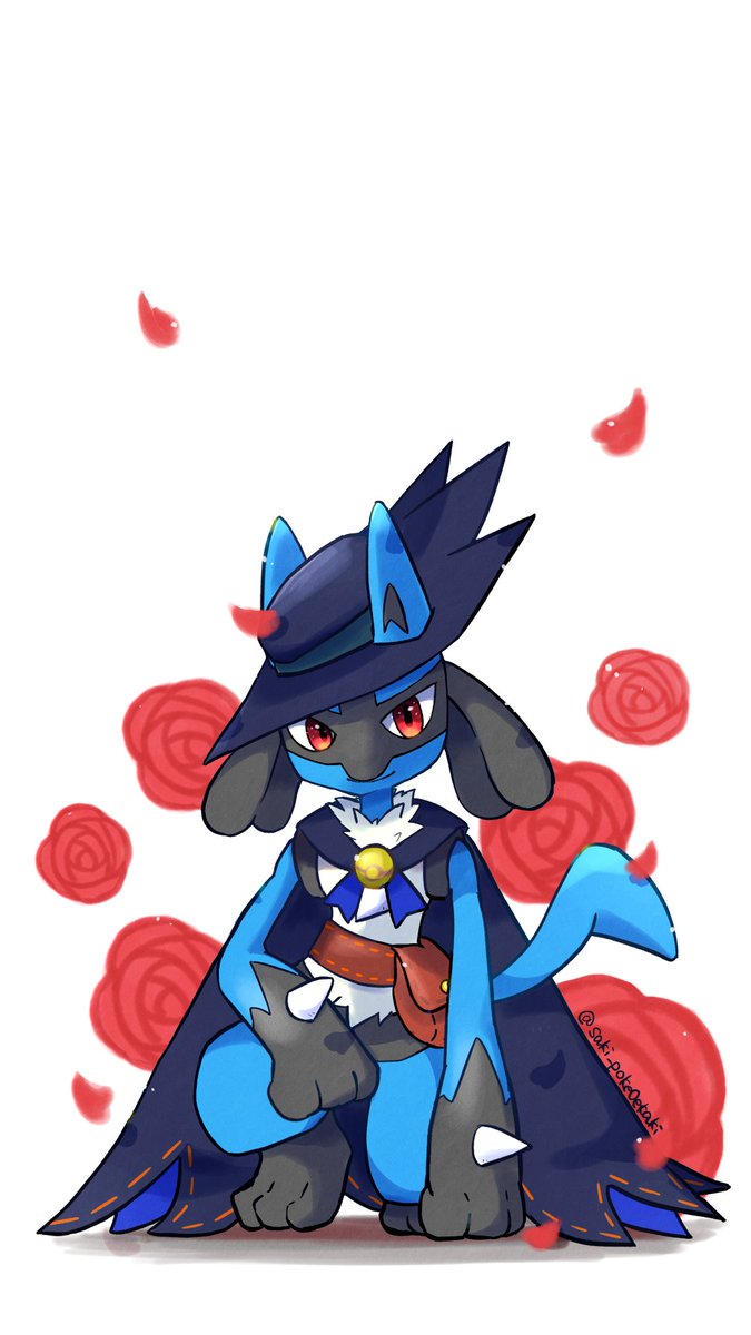 lucario pokemon (creature) clothed pokemon solo hat closed mouth red eyes flower  illustration images