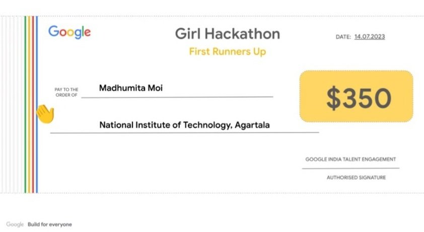 Madhumita_Moi's tweet photo. Grateful & thrilled to be the 1st runner-up at Google Girl Hackathon 2023! Unexpected but incredible experience. Huge thanks to @Google for this empowering platform! #GoogleGirlHackathon https://t.co/NKiGEmbepT
