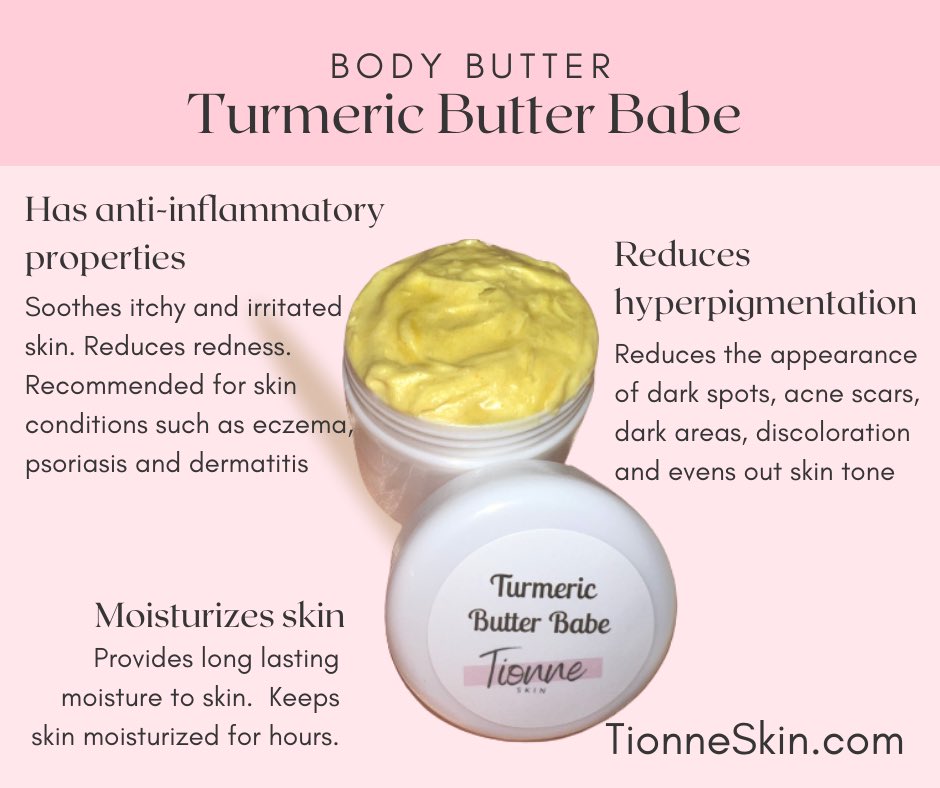tionneskin's tweet photo. Turmeric Butter Babe is a highly moisturizing and nourishing turmeric body butter

Benefits:
-Reduces appearance of dark spots, hyperpigmentation, and acne scars
-Moisturizes and softens skin
-Soothes itchy and irritated skin
-Adds glow to skin
-Recommended for eczema &amp; psoriasis https://t.co/QBrUvZOCod