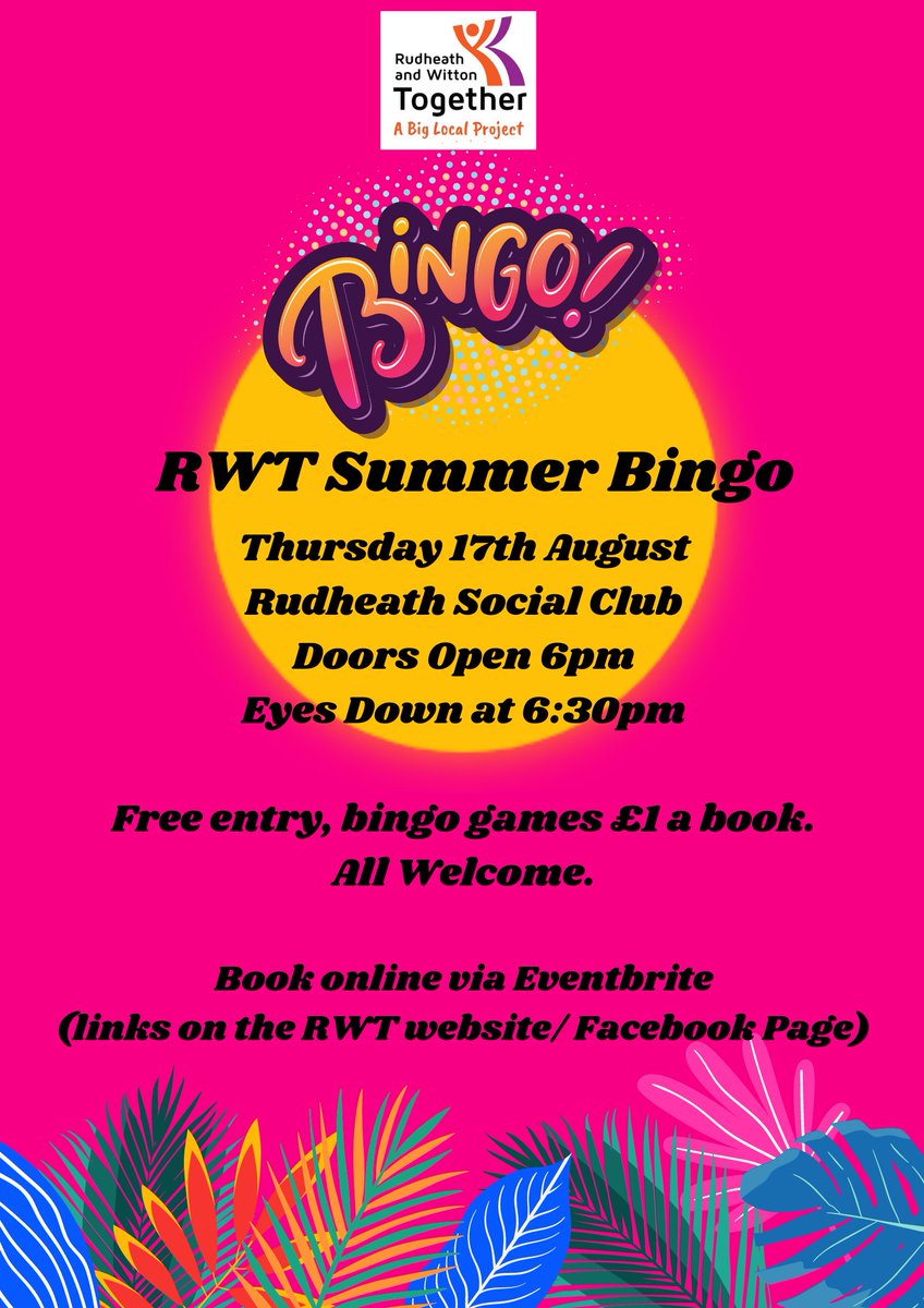 RWT Summer bingo is upon us. 🎉
Thursday 17th August 6pm, eyes down 6:30pm sharp 👀
This is a family event! All are welcome.
You have to be in it to WIN it! 
Make sure you book your tickets via eventbrite:eventbrite.co.uk/e/673752139787
See you there!