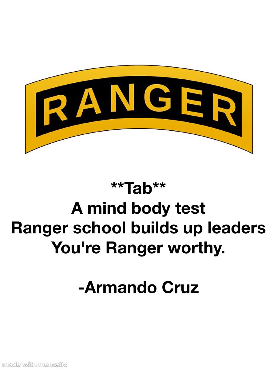 Rangers are built different 
-
07/12/23
**Tab** 
A mind body test
Ranger school builds up leaders
You're Ranger worthy.
-
#haiku #art #poetry #armyranger #leader #stayhard