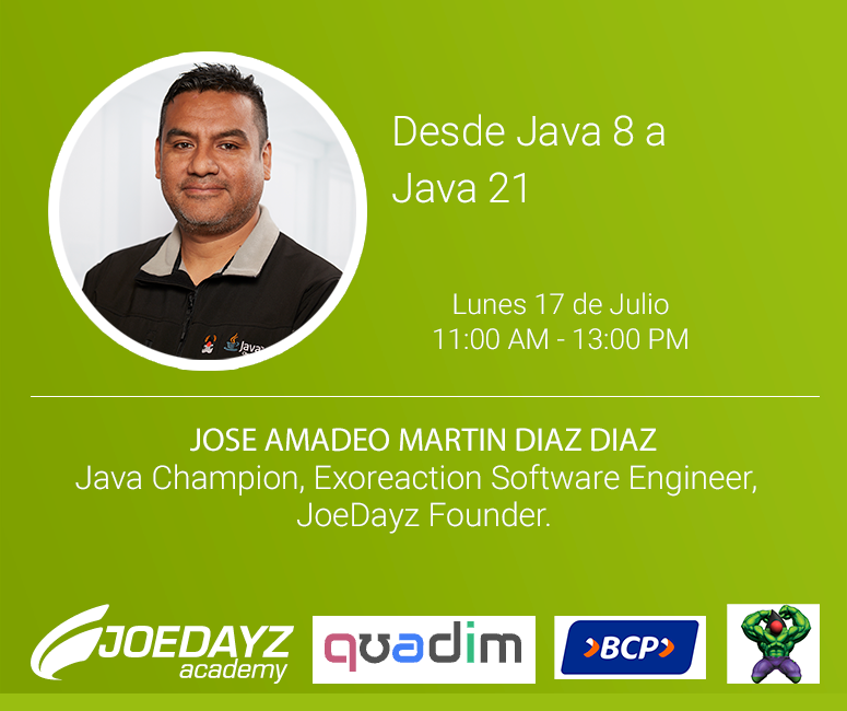 perujug's tweet photo. Chic@s, en este mes de julio tendremos algunos webinars. Este servidor les trae este lunes la siguiente charla.
Damos la bienvenida a nuestro Sponsor PLATINUM el BCP
https://t.co/VLKNU3m9AB
#java #bcp #exoreaction #joedayz https://t.co/82hFjmIbrl