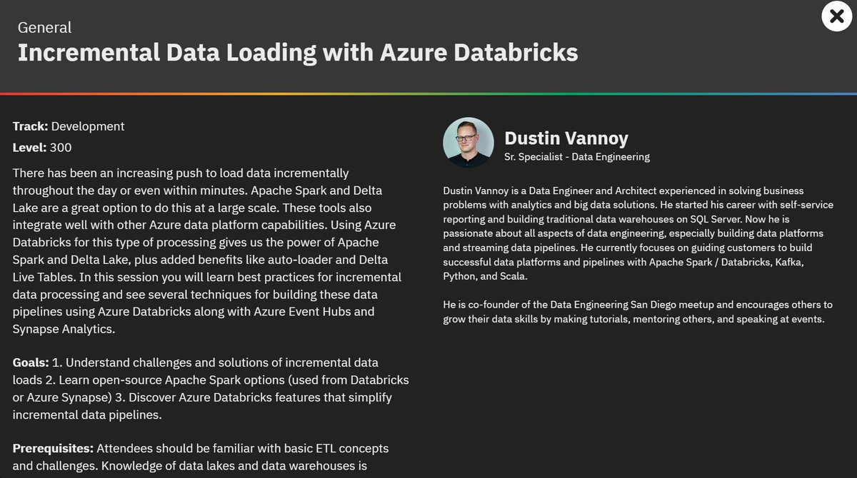Dustin Vannoy (@dustinvannoy) on Twitter photo I am excited to share I'll be speaking at <a href="/PASSDataSummit/">PASS Data Community Summit</a> in November. Join me there for my session on "Incremental Data Loading with Azure Databricks" plus many other great sessions.
#PASSDataSummit #dataengineering #databricks
passdatacommunitysummit.com/sessions/?trac… I am excited to share I'll be speaking at <a href="/PASSDataSummit/">PASS Data Community Summit</a> in November. Join me there for my session on "Incremental Data Loading with Azure Databricks" plus many other great sessions.
#PASSDataSummit #dataengineering #databricks
passdatacommunitysummit.com/sessions/?trac…