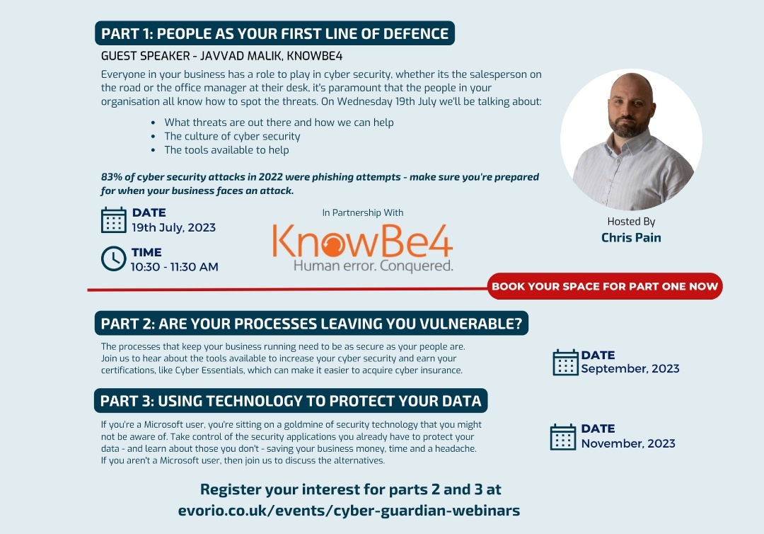 Evorio365's tweet photo. Less than a week to go before the first in our series of cyber guardian webinars in partnership with @KnowBe4  Secure your place now https://t.co/8UdcEnXxrD #CyberSecurity https://t.co/8tKnnoLpKI