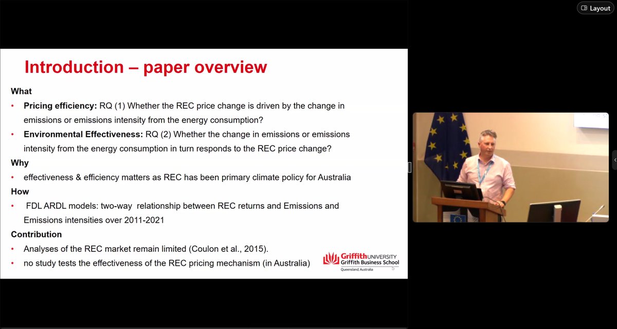 LingLiao_'s tweet photo. How efficiently is the renewable energy certificate price driven by the fundamentals and how effectively is this mechanism driving the emissions reduction? Professor @DiazRainey presented our preliminary results at the 5th JRC Summer School on Sustainable Finance, Italy. https://t.co/SyQIXAusmC