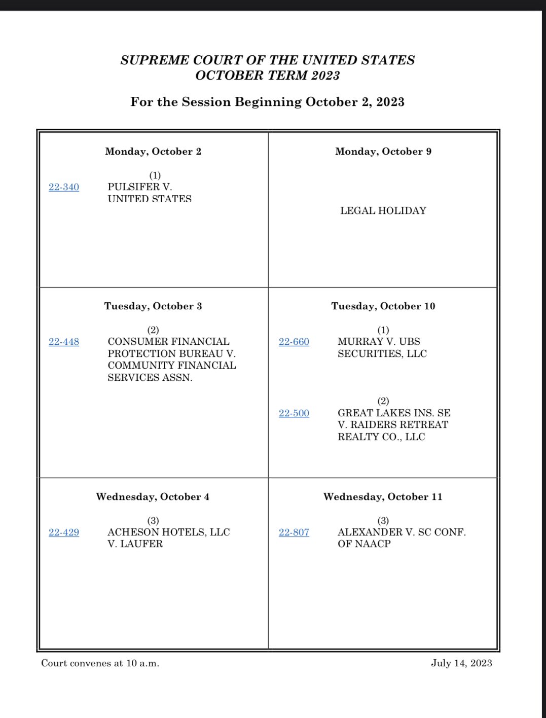 bloomberg-law-on-x-correct-supreme-court-releases-october-2023-calendar-and-schedules-oct-3-for-the-cfpb-funding-dispute-case-https-t-co-ycyoiz2iew-x