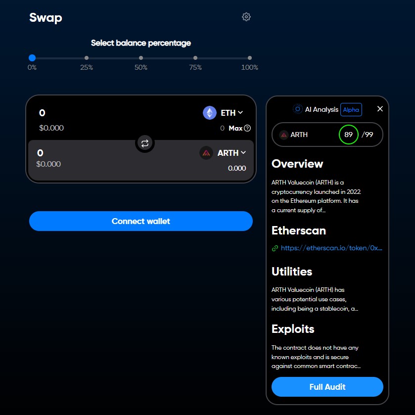 cryptoDspace's tweet image. ARC's swap tool (app.arc.market/swap) now has an innovative #SwapsAI audit, which automatically makes an audit of the coin you want to swap into. ARC offers not only cheaper fees than @Uniswap, but also higher security, because you see possible vulnerabilities in the coin. 👍