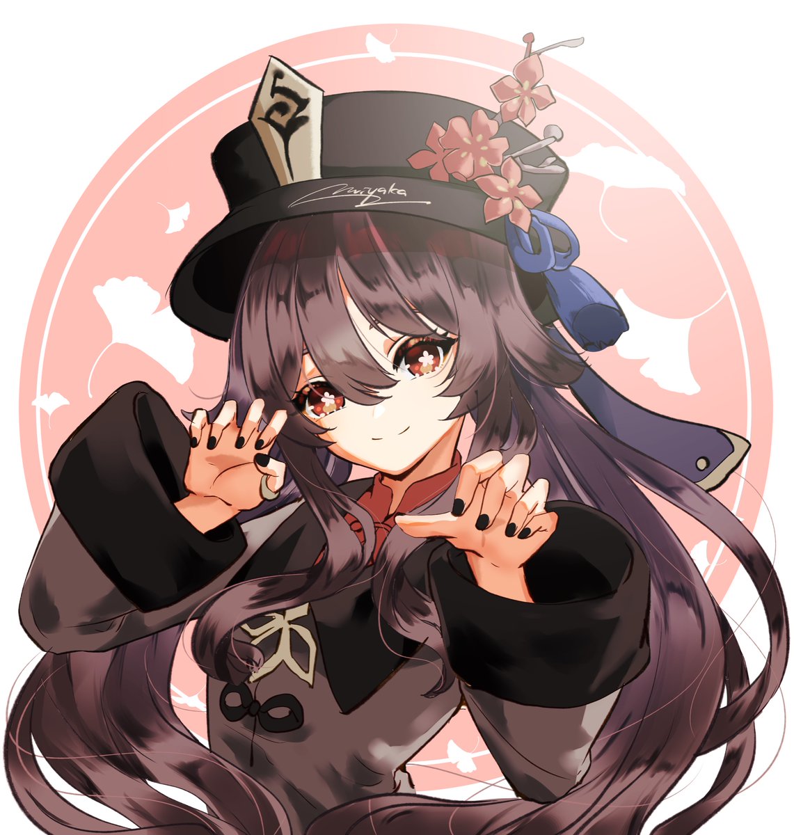 hu tao (genshin impact) 1girl hat smile black nails brown hair red eyes flower  illustration images