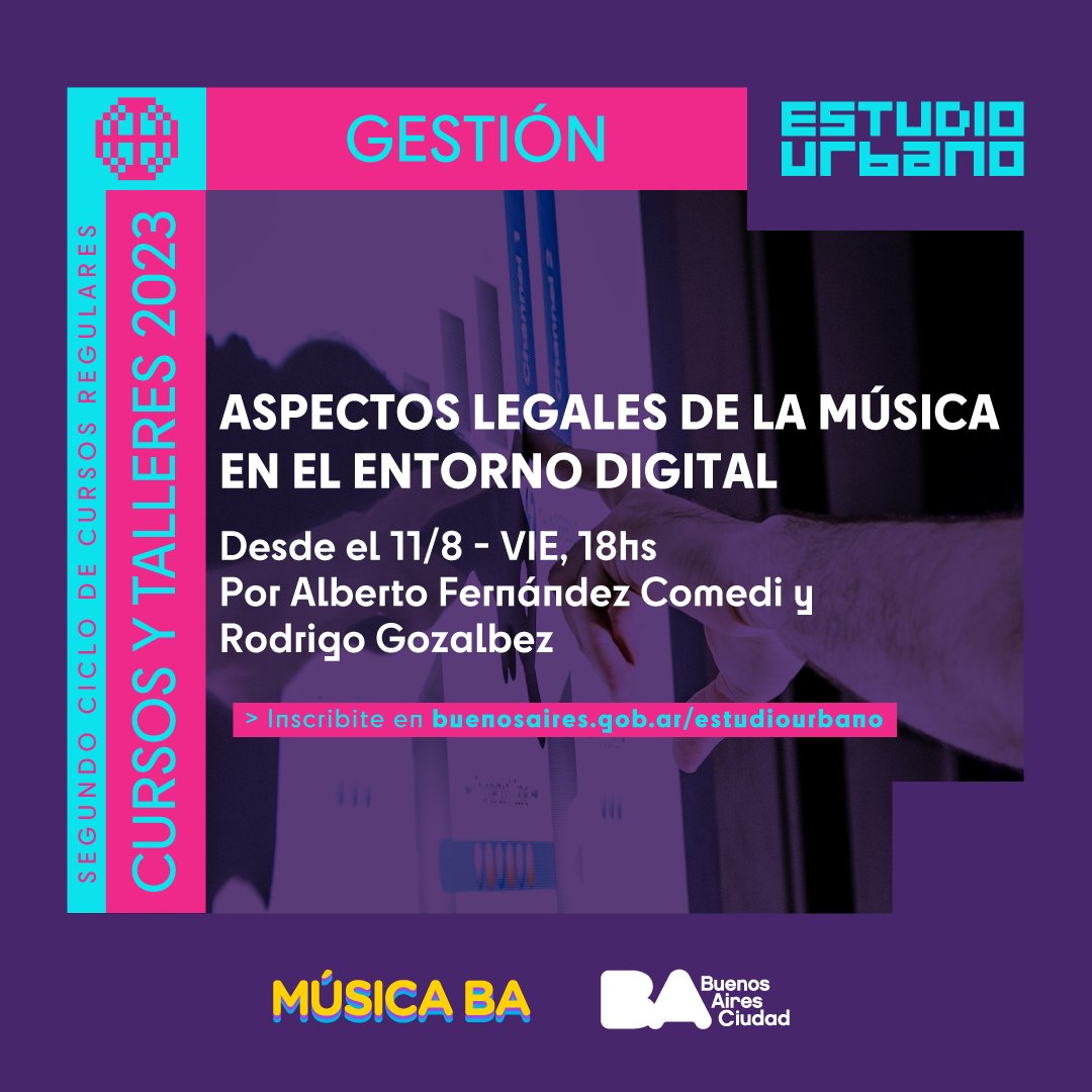 Desde el viernes 11/8 con <a href="/rodrigogozalbez/">Rodrigo J. Gozalbez</a> estaremos dando este curso virtual sobre los aspectos legales de la música en el entorno digital en el querido <a href="/EstudioUrbano/">Estudio Urbano</a> 🎶💻❤️

Pueden inscribirse en buenosaires.gob.ar/estudiourbano/…

#propiedadintelectual
#derechodeautor
#MUSICA