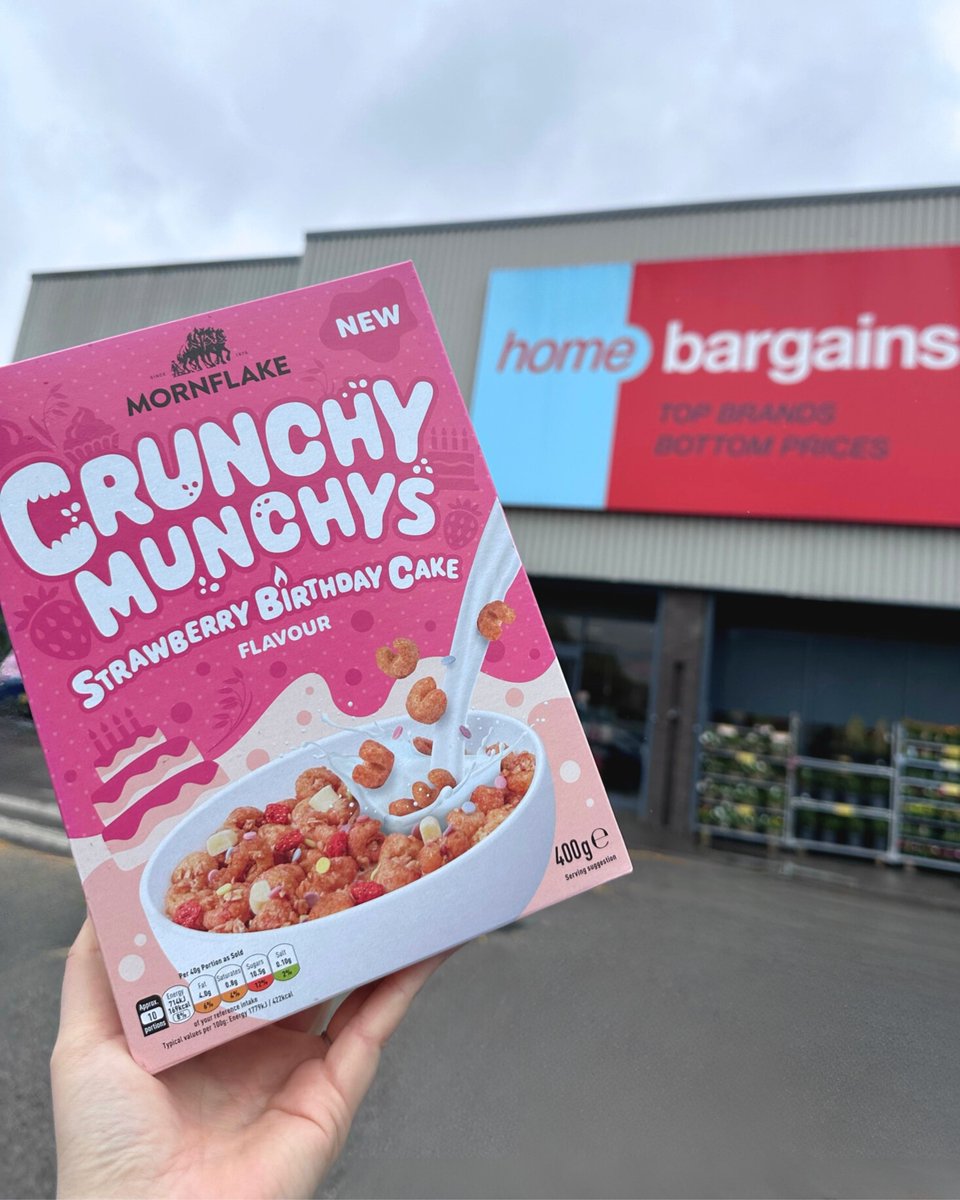 🎈 AVAILABLE NOW IN @homebargains 🎈 Celebrate your birthday every day with Crunchy Munchy Strawberry Birthday Cake Cereal – go on, treat yourself 🍓🎂