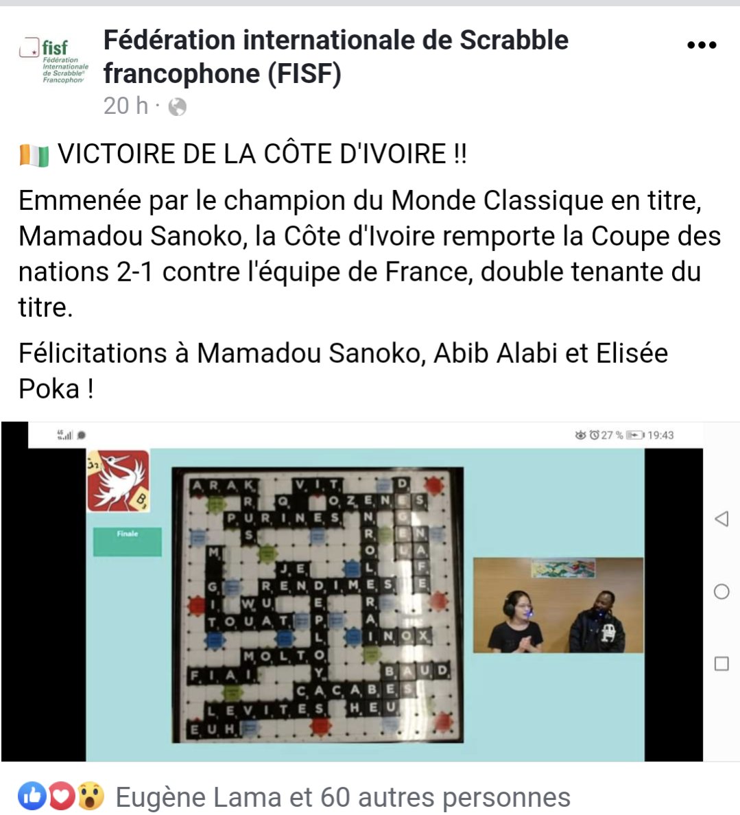 edithbrou's tweet photo. BRAVO à la Côte d'Ivoire 🇨🇮 qui vient de remporter le Championnat du Monde de Scrabble Francophone en battant l'équipe de France 🇨🇵 2 - 1
Le coup de grâce a été porté par Mamadou Sanoko (Champion du Monde Classique en titre), avec ses coéquipiers Abi Alabi et Elisée Poka.

Pour rappel, la France est la double tenante du titre.