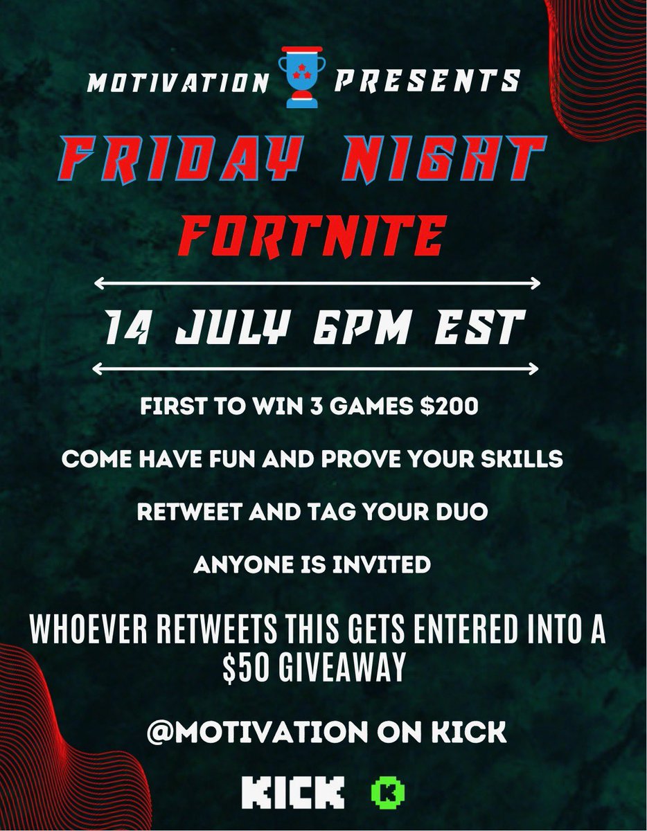 Friday Night Fortnite is Back

$50 to 1 person who retweets this 

Anyone welcome to Play 6pm Est