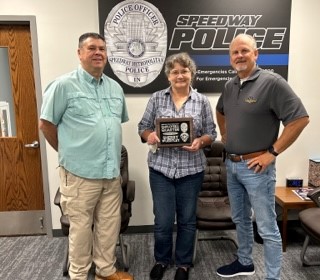 This morning, Sherry Wuertley was recognized as the Speedway PD Employee of the Quarter for 2023 Q2. A plaque and gift card donated by Indiana Memorial Funeral Care were presented to Wuertley.  

Thank you for your service Sherry and congratulations on this accomplishment.