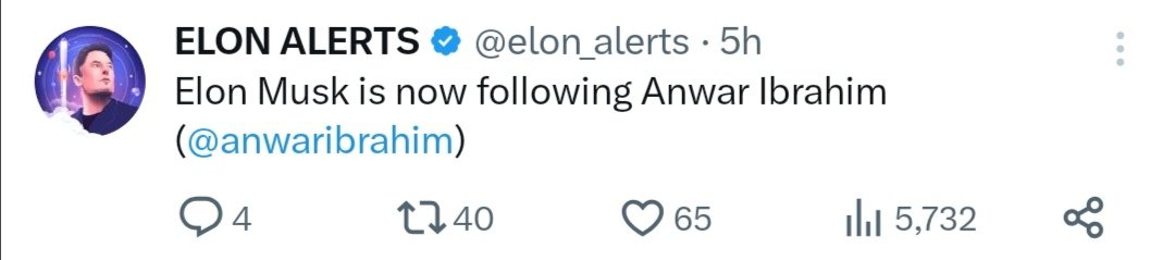 najib_bakar_'s tweet photo. Elon Musk ni pemilik Twitter. Dia ada 147 juta followers.

Tapi dia cuma follow 366 manusia saja. Dan salah seorang yg Elon follow adalah @anwaribrahim .

Dlm list tu Pres. Jokowi, pemimpin Asia Tenggara lain pun tiada. 

Apatah lagi Azmin Ali atau Sanusi. Duta Khas? Jauh sekali https://t.co/MfPA5aAOPz