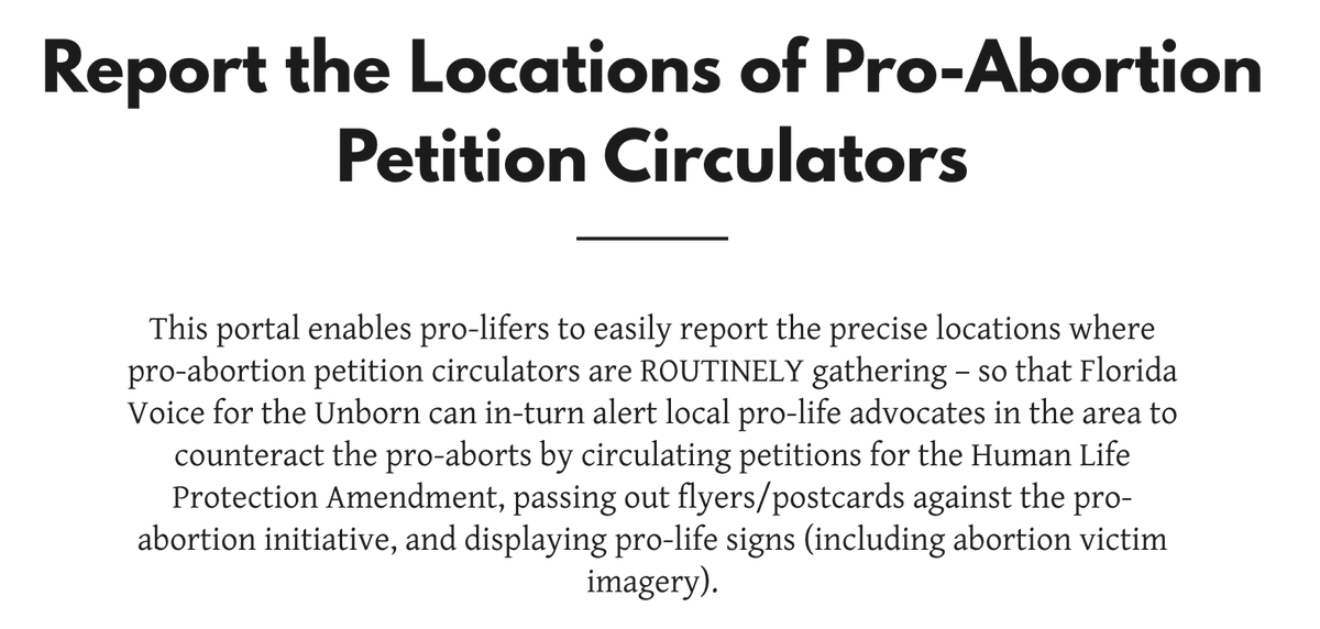 AnnaForFlorida's tweet photo. The petition to codify abortion rights will be from "Floridians Protecting Freedom" and that will be printed on the form too. 

The anti-abortion extremists are also STALKING Floridians who collect petitions to codify abortion. This is literally on their website. 2/ https://t.co/Cexva0Gy86