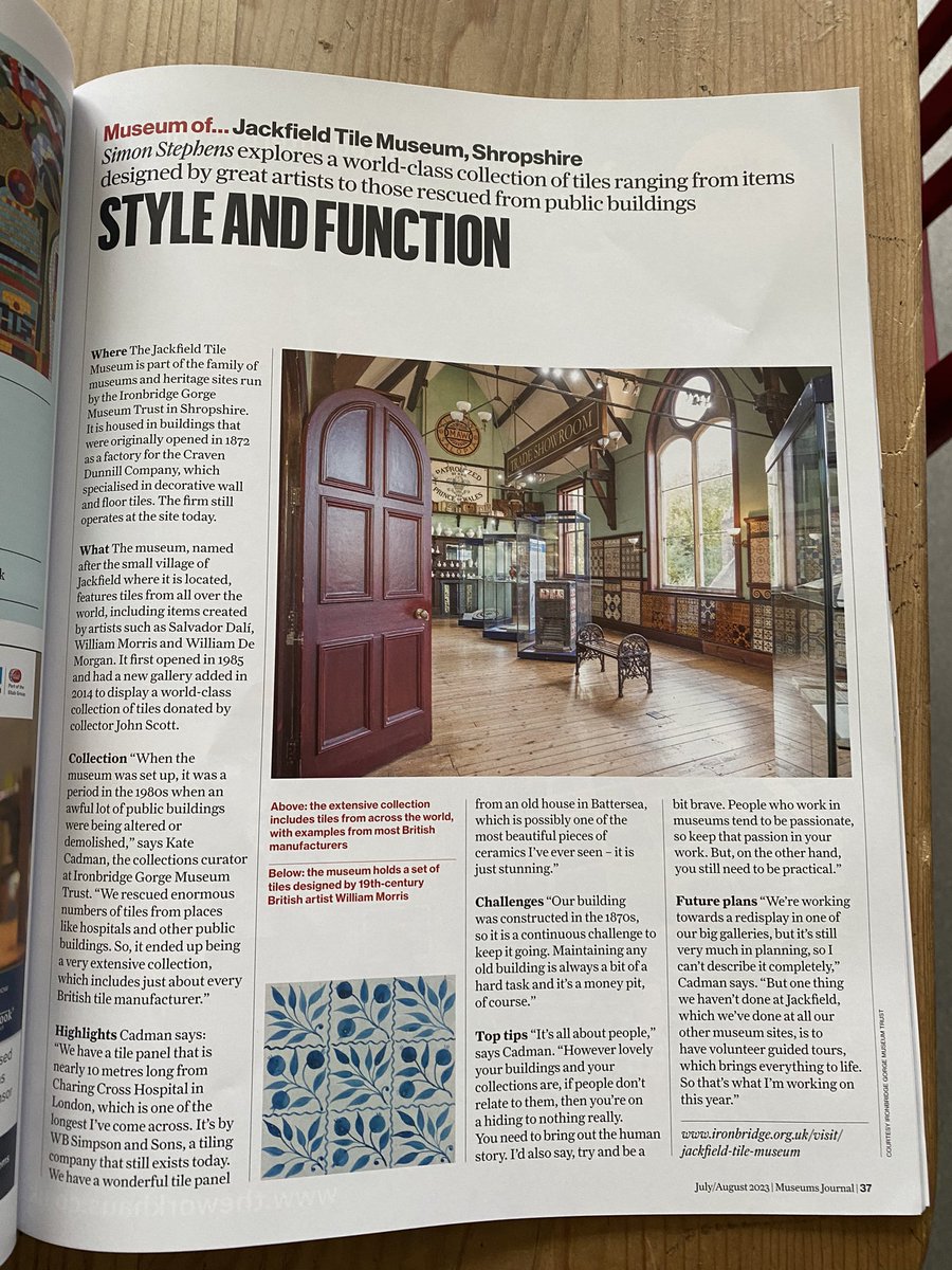 Great to see Jackfield Tile Museum covered in this months Museums Journal from @MuseumsAssoc. It’s one of the ten museums that @IronbridgeGMT run, and is regularly described by visitors as ‘a hidden gem’. We’re working hard to make it less hidden…