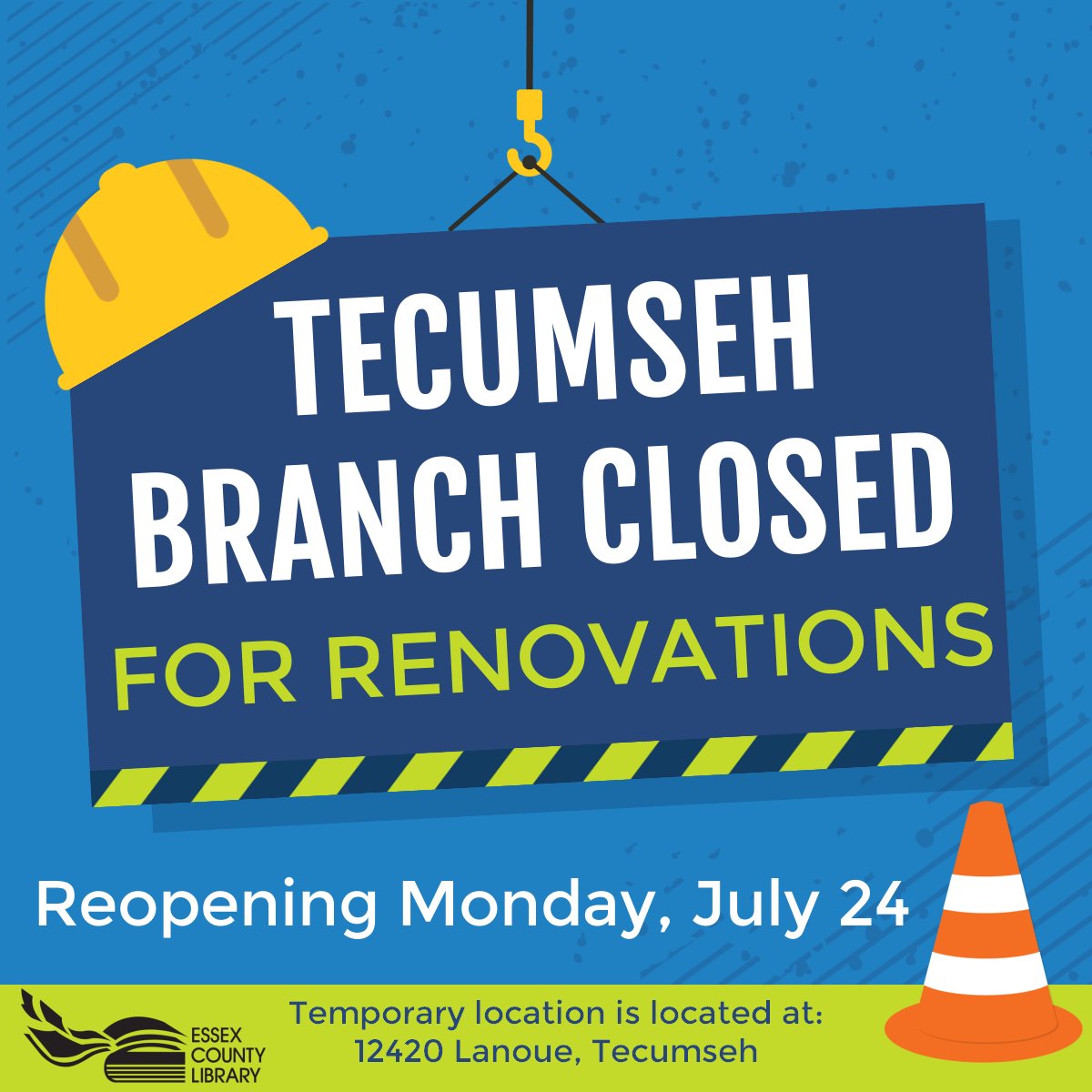 You can return library materials until 1:30 pm today. Materials can be returned at our temporary location starting Saturday, July 15. Regular hours resume at our temporary location, see you July 24!