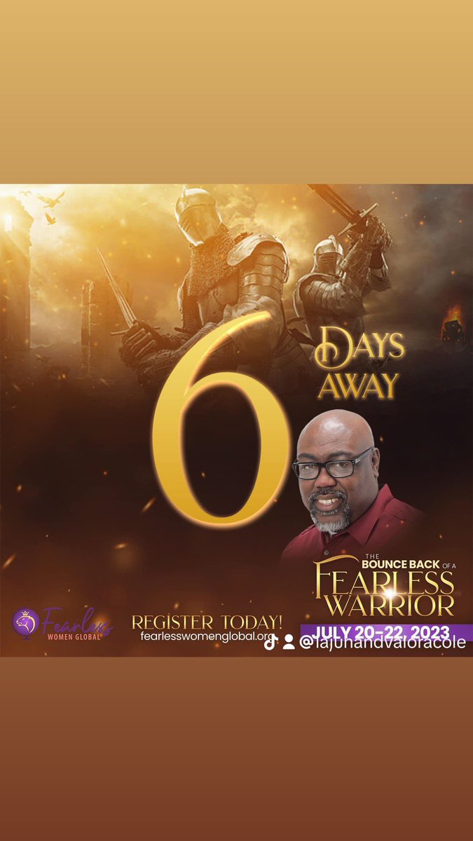 ApostleLMCole's tweet photo. There are only 6 more days until Fearless 2023!!! Get ready for your BOUNCEBACK!!! You don’t want to miss Rodney “the Minstrel” Williams!! https://t.co/c5mOKrRF13