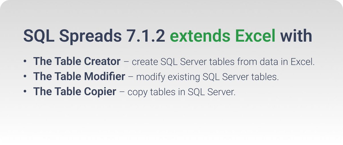 SQLSpreads's tweet image. SQL Spreads 7.1.2 introduce the new SQL Server tools to do more SQL Server operations from within Excel:
- Create SQL Server tables - based on data in Excel.
- Modify existing tables in SQL Server.
- Copy tables in SQL Server.
sqlspreads.com/docs/whats-new…