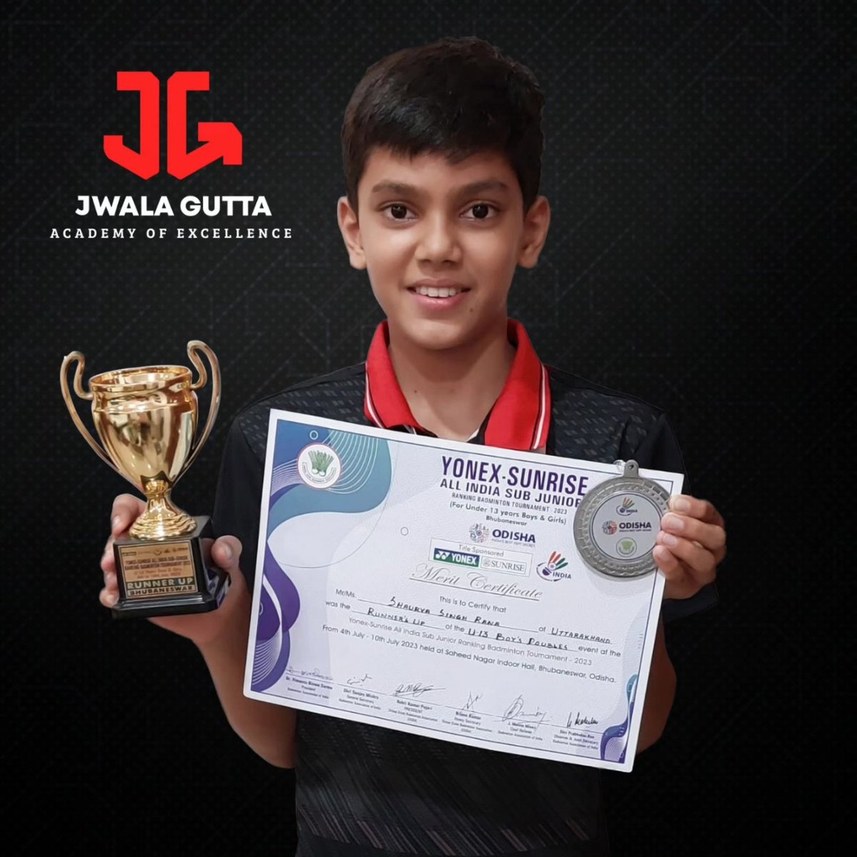 JwalaGuttaAcad's tweet photo. We are thrilled to announce that Shaurya Singh Rana has emerged as the U13 Boys Doubles runner-up at the Yonex-Sunrise All India Sub Junior Ranking Badminton Tournament 2023 held in Bhubaneswar. Our warmest congratulations to Shaurya and his coaches!
#JGAE #HardworkPaysOff https://t.co/k6YBHSlq01