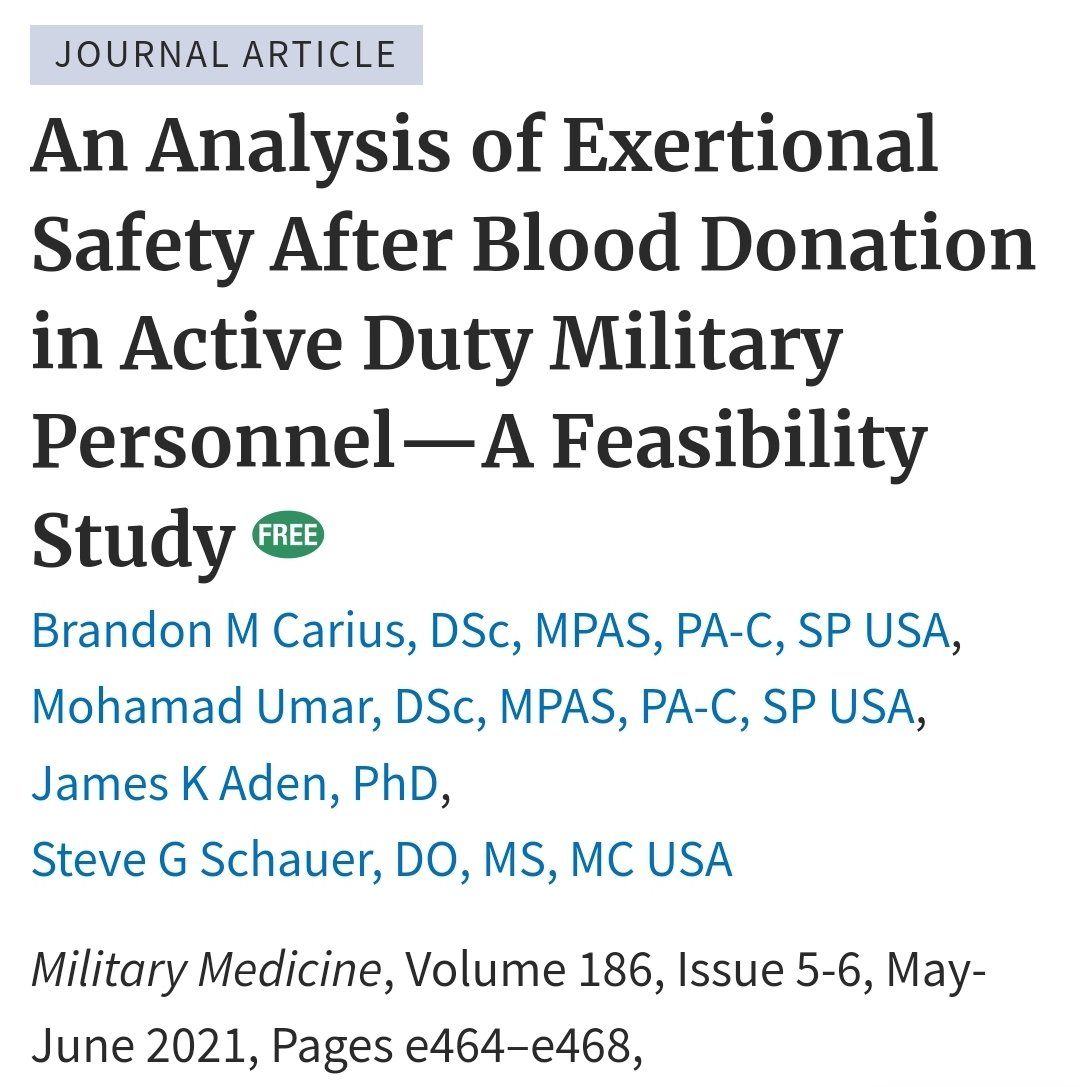 Q: So, you bleed someone down a unit for donation, how much will it affect their fitness performance?

A: Probably not much, if at all, if they are young and physically fit

This is still one of my favorite studies where we did some myth busting.  We got a bunch of Soldiers on