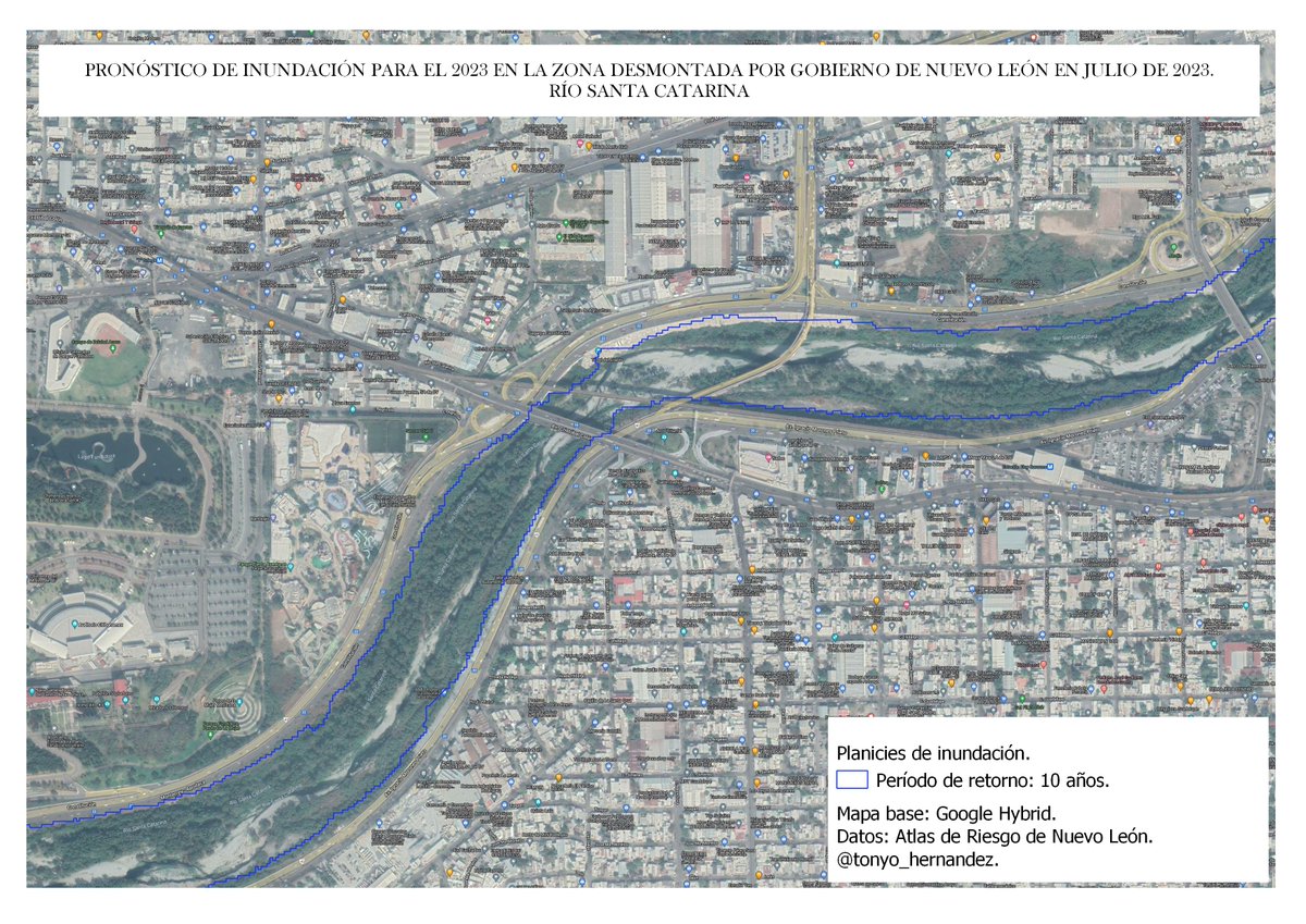 Toño Hernández (@tonyo_hernandez) on Twitter photo Pronóstico de inundación para 2023 en la zona talada por el gobierno de NL muestra que el agua no rebasa el cauce ni impacta las avenidas.
Ni en la predicción de crecida en mil años ocurre el pronóstico trágico de la autoridad.
Info con datos del Atlas de Riesgo de <a href="/nuevoleon/">El Gobierno de Nuevo León</a>. Pronóstico de inundación para 2023 en la zona talada por el gobierno de NL muestra que el agua no rebasa el cauce ni impacta las avenidas.
Ni en la predicción de crecida en mil años ocurre el pronóstico trágico de la autoridad.
Info con datos del Atlas de Riesgo de <a href="/nuevoleon/">El Gobierno de Nuevo León</a>.