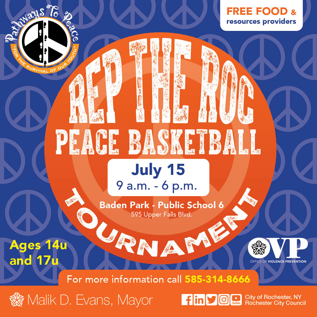 Join Pathway to Peace tomorrow, July 15, from 9am - 6pm at Baden Park for the Rep the Roc Peace Basketball Tournament. The event is open to ages 14+ and 17+. For more details and registration, please contact 585-314-8666. #RochesterNY #PathwayToPeace #ChooseWisdom