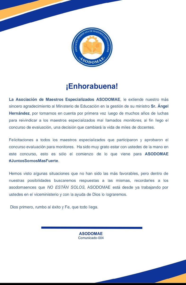 asodomae's tweet photo. @EducacionRDo @angelhdez50 @luisabinader @PresidenciaRD 
Dios al control, bendiciones...
#Asodomae #RD https://t.co/AjYPglu58N