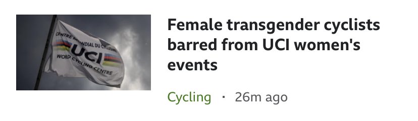 dvorakscello's tweet photo. ⁦@BBCSport⁩ 
No they’re not. Male transgender athletes, aka transwomen, are barred. Using a word that clearly denotes sex rather than gender is some serious clickbait nonsense, even for you. #savewomenssports Well done ⁦@UCI_cycling⁩ ⁦@fairplaywomen⁩ https://t.co/lBc8goqZRX