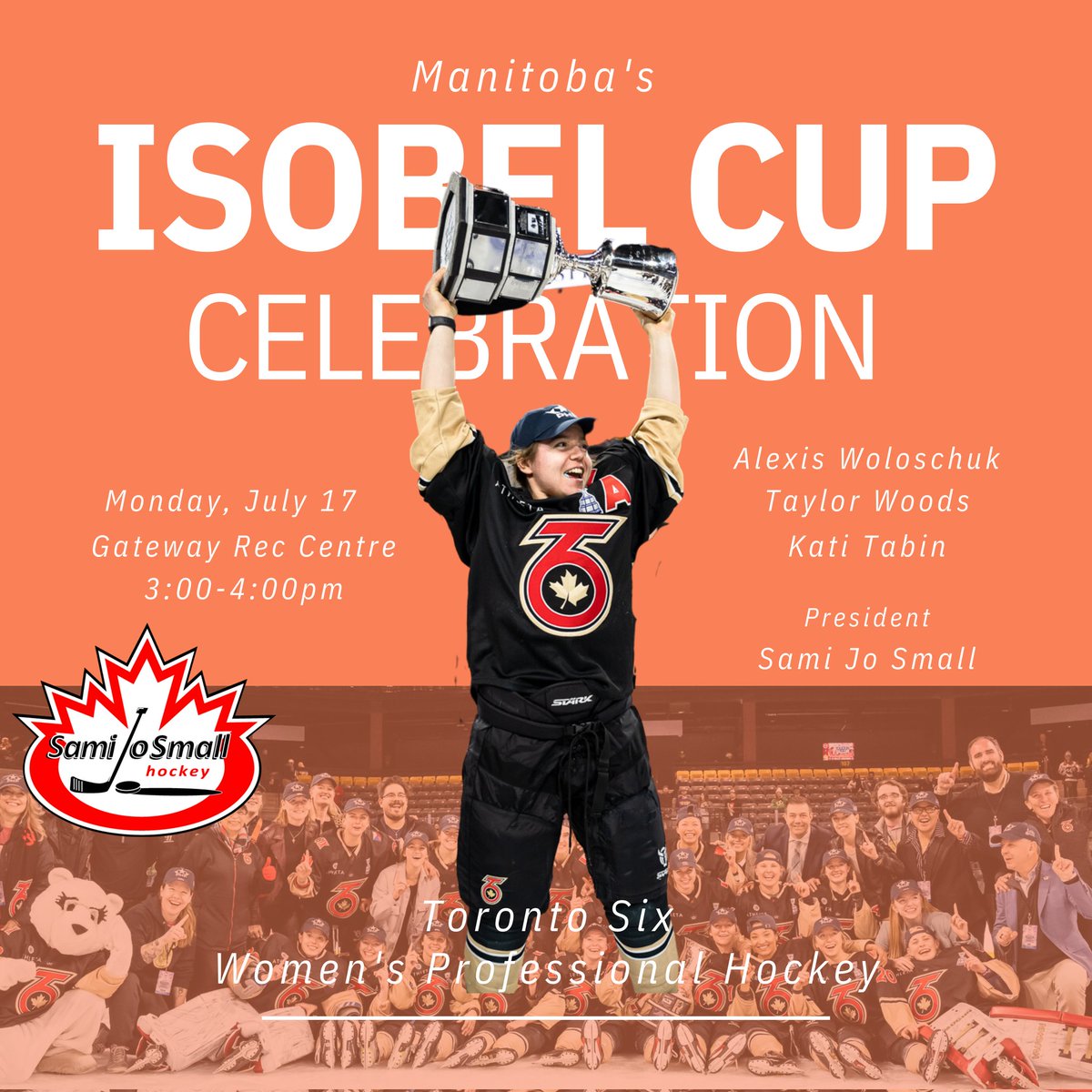 Sami Jo Small (@samijosmall) on Twitter photo Come celebrate Manitoba's 4 Women's Pro Hockey PHF Isobel Cup Champions. Monday, July 17 3-4pm. Open to the public. Autographs and pictures available. <a href="/SamiJoHckSch/">SamiJoHckySch</a> Come celebrate Manitoba's 4 Women's Pro Hockey PHF Isobel Cup Champions. Monday, July 17 3-4pm. Open to the public. Autographs and pictures available. <a href="/SamiJoHckSch/">SamiJoHckySch</a>