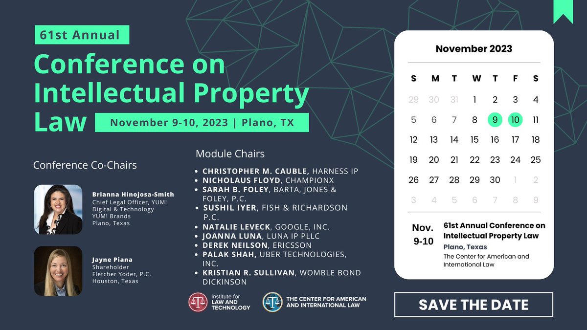 Early registration is now open for our 61𝐬𝐭 𝐀𝐧𝐧𝐮𝐚𝐥 𝐂𝐨𝐧𝐟𝐞𝐫𝐞𝐧𝐜𝐞 𝐨𝐧 𝐈𝐧𝐭𝐞𝐥𝐥𝐞𝐜𝐭𝐮𝐚𝐥 𝐏𝐫𝐨𝐩𝐞𝐫𝐭𝐲 𝐋𝐚𝐰!

Join our amazing co-chairs and module chairs for another fantastic program.

Learn more: pulse.ly/kgyd2i691u.

#intellectualproperty #law
