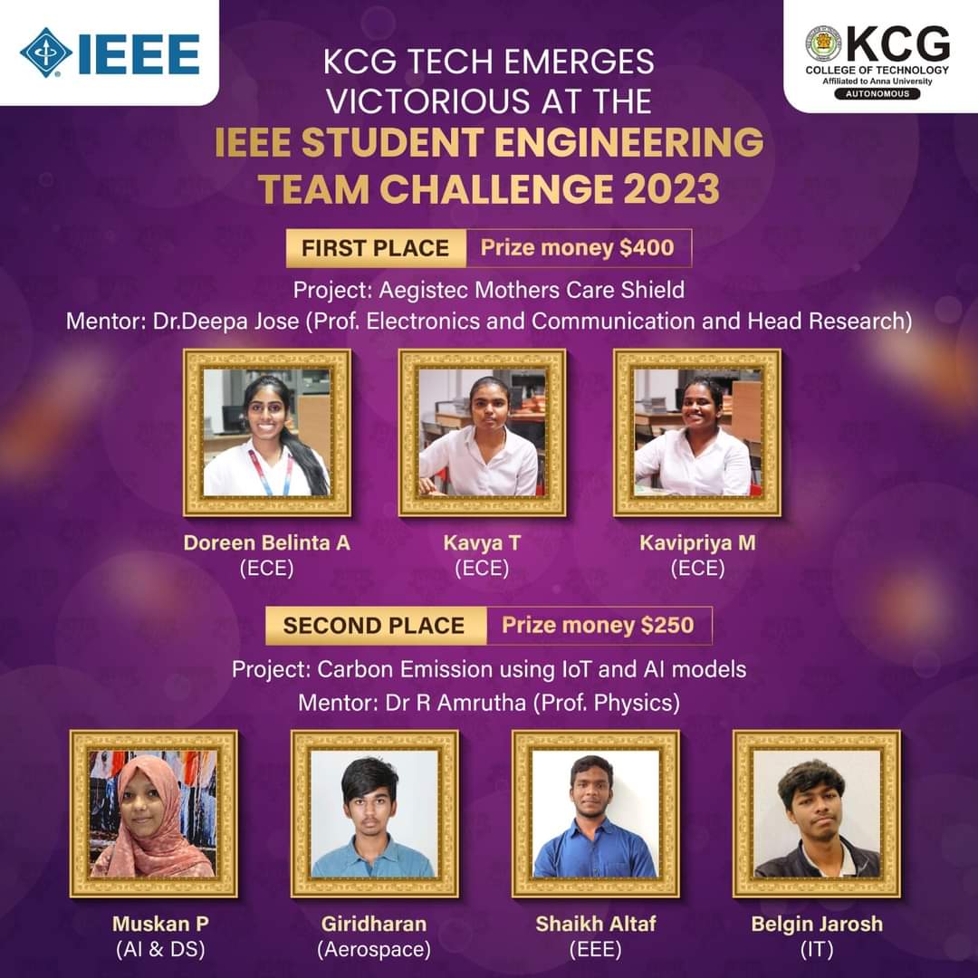 KCGtechnology's tweet photo. We are proud to announce that 2 teams from KCG Techn emerged victorious at the prestigious IEEE Student Engg Team Challenge 2023, a global innovation challenge focused on providing a platform to showcase path-breaking new ideas by students in the fields of (STEM).
#KCGCollege https://t.co/MXUvqWcrES