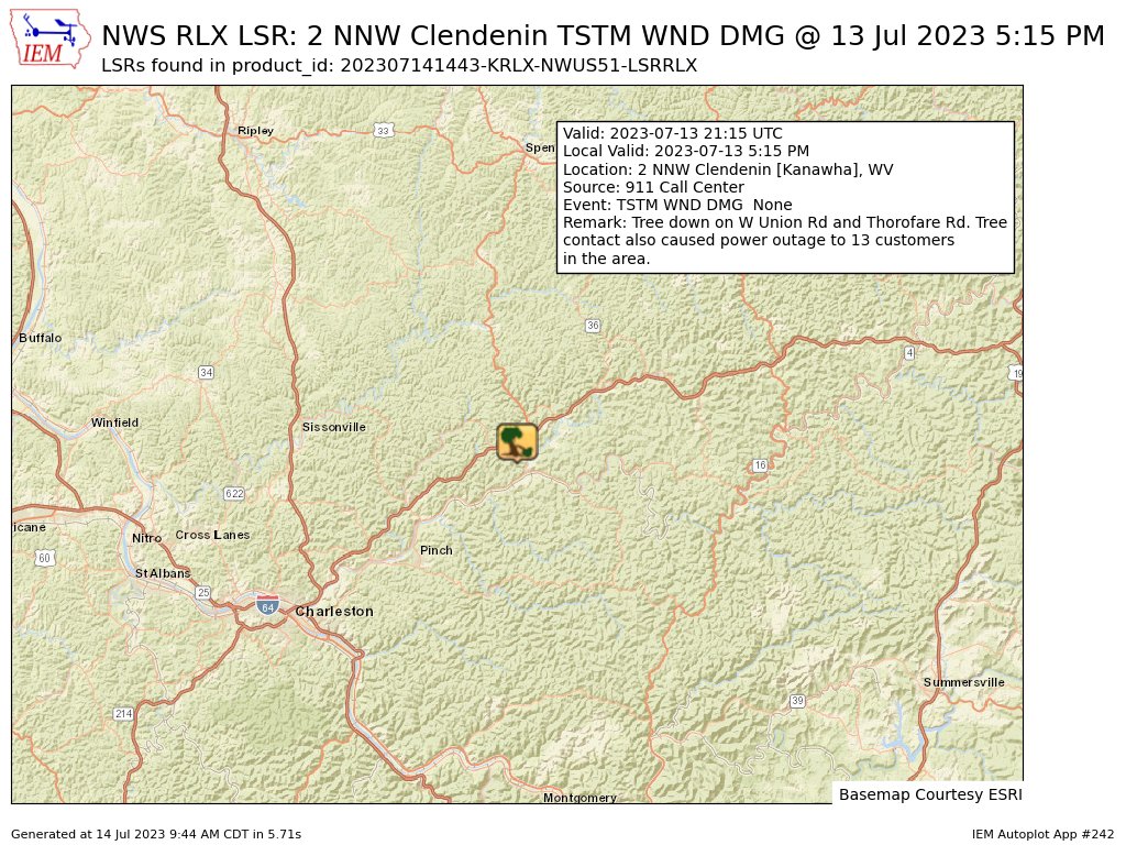 [Delayed Report] On Jul 13, at 5:15 PM EDT, 2 NNW Clendenin [Kanawha Co, WV] 911 Call Center reports Tstm Wnd Dmg. Tree down on W Union Rd and Thorofare Rd. Tree contact also caused power outage to 13 customers in the area. https://t.co/vs5h3FuIsX https://t.co/YykUvVOLCC