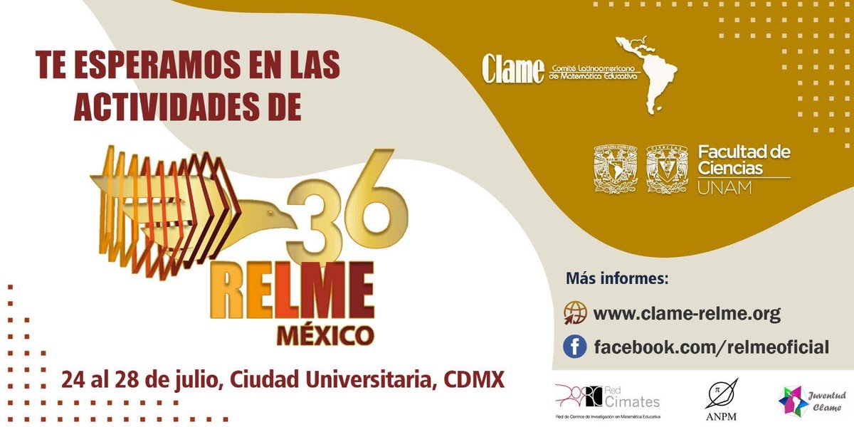 fciencias's tweet photo. ¡Ya viene la #RELME Reunión Latinoamericano de #Matemática Educativa en su edición 36! Y nuestra Facultad será sede #CU #UNAM 🎉😎🤩🧮➗👨🏻🏫👩🏽🏫
➡️ https://t.co/QGuSIlrdye https://t.co/zJNduBehlh