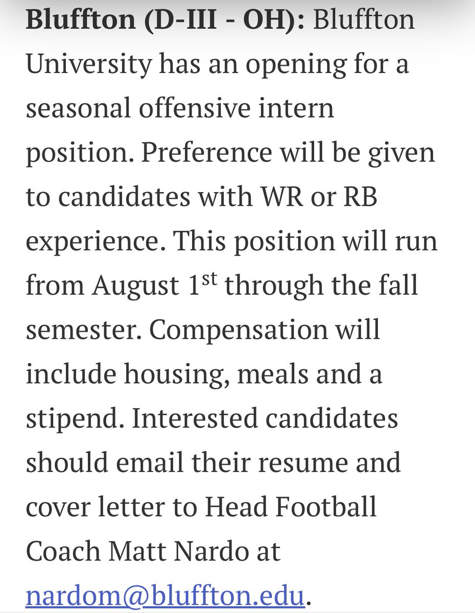 Looking for a coach looking to get into the college game.  Guys with RB or WR experience that are interested send me a DM and email me your resume.  Position runs from August to December and includes housing!