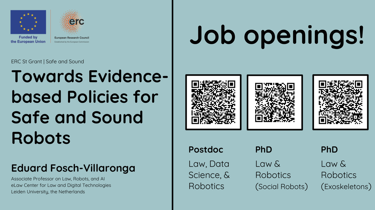 Eduard Fosch-Villaronga (@eduardfosch) on Twitter photo 🚨 ACADEMIC JOB(S) ALERT! <a href="/eLaw_Leiden/">eLaw Center for Law and Digital Technologies</a> <a href="/LeidenLaw/">Leiden Law School</a> <a href="/UniLeidenNews/">Leiden University</a> is hiring 1 Postdoc & 2 PhDs to work on my <a href="/ERC_Research/">European Research Council (ERC)</a> project #SAFEandSOUND. More info about the project in this link: universiteitleiden.nl/en/research/re…. About the positions in this thread 👇 🚨 ACADEMIC JOB(S) ALERT! <a href="/eLaw_Leiden/">eLaw Center for Law and Digital Technologies</a> <a href="/LeidenLaw/">Leiden Law School</a> <a href="/UniLeidenNews/">Leiden University</a> is hiring 1 Postdoc & 2 PhDs to work on my <a href="/ERC_Research/">European Research Council (ERC)</a> project #SAFEandSOUND. More info about the project in this link: universiteitleiden.nl/en/research/re…. About the positions in this thread 👇